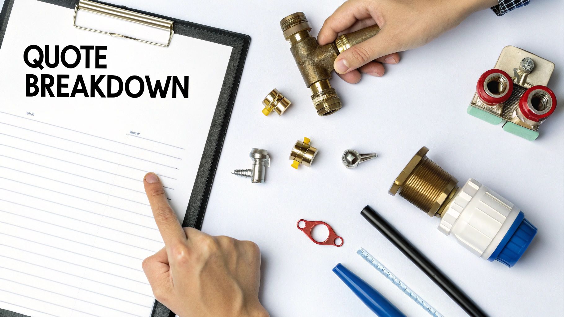 Hands working on a 'Quote Breakdown' document surrounded by various plumbing fittings and tools.