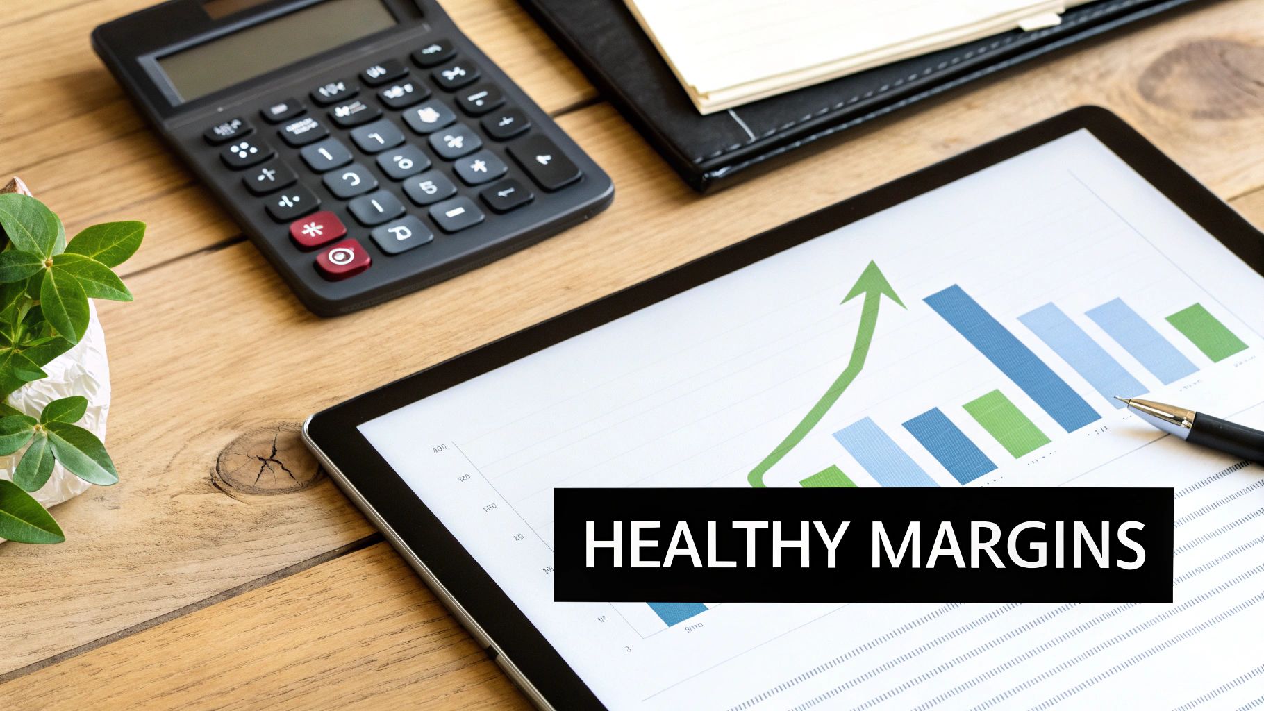 Overhead view of a calculator, notebook, and a tablet showing a 'Healthy Margins' business graph.