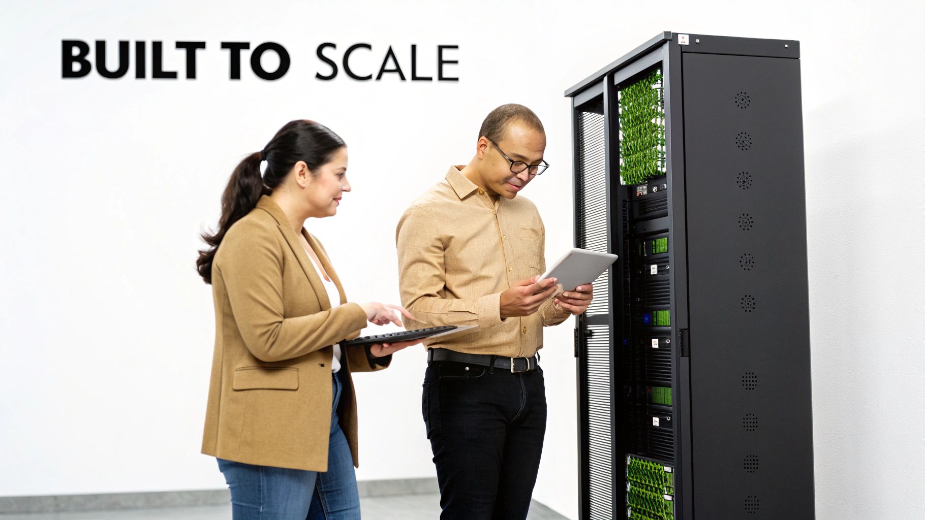 Two IT professionals manage a server rack, with "BUILT TO SCALE" text visible.