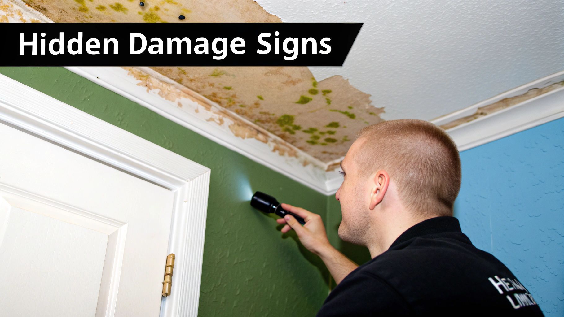 A person uses a flashlight to inspect a severely water-damaged and moldy ceiling, revealing hidden issues.