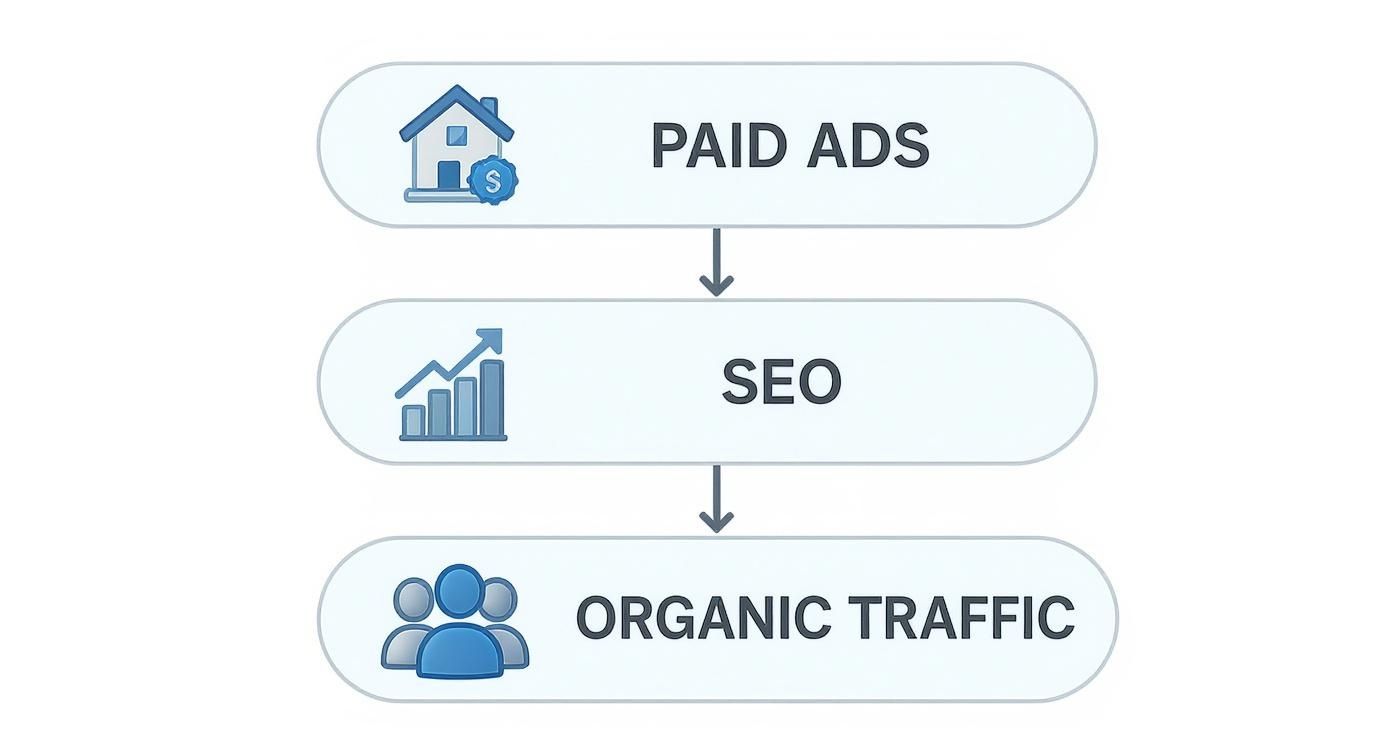 Flowchart illustrating how paid ads contribute to SEO improvements, leading to increased organic traffic.