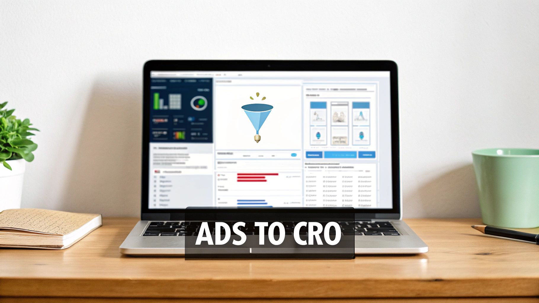 Laptop on a wooden desk displaying a digital marketing dashboard with a conversion funnel and 'ADS TO CRO' banner.