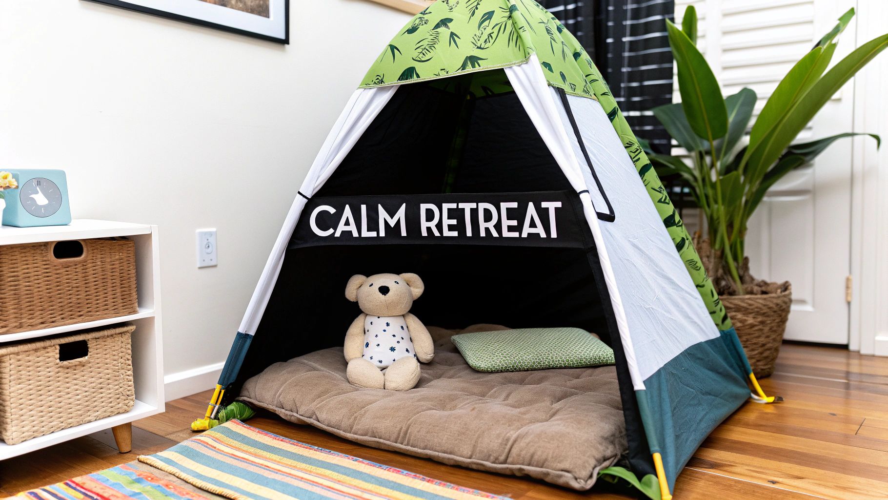 A green and black sensory tent with a cozy mat, teddy bear, and 'CALM RETREAT' sign inside.