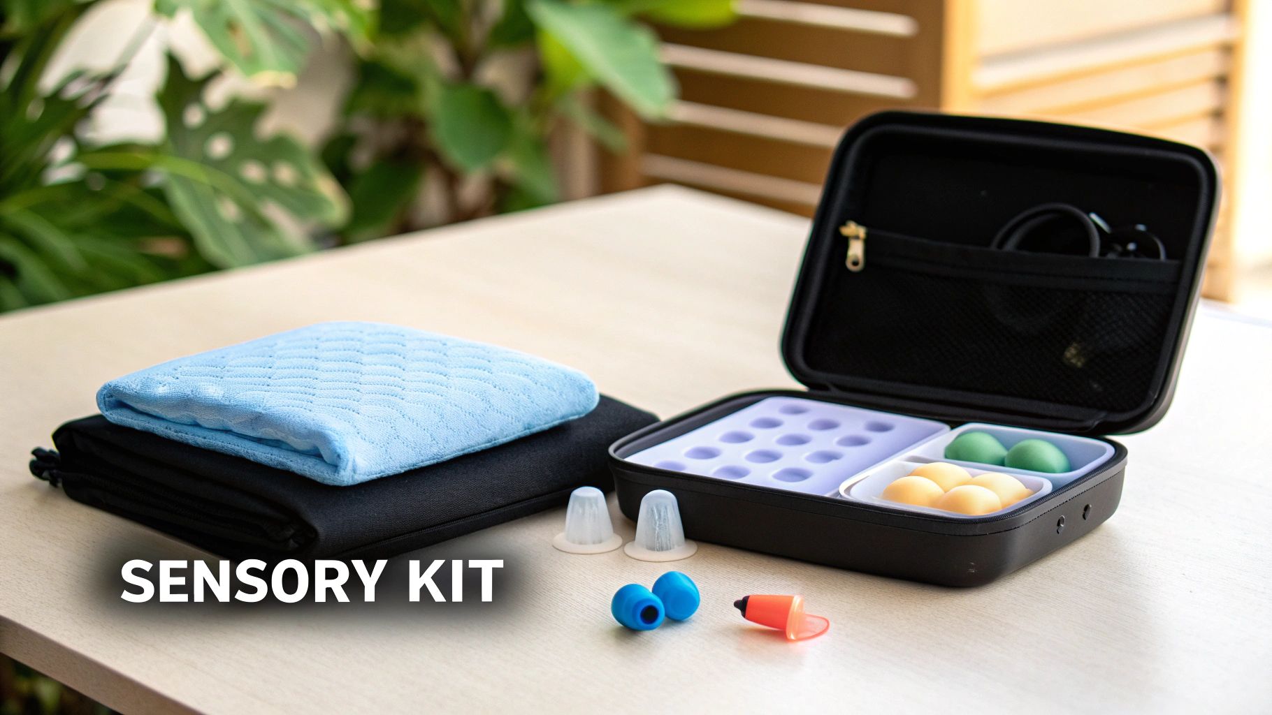 A sensory kit laid out on a table, featuring a blue quilted pad, earplugs, and a case filled with tactile objects.