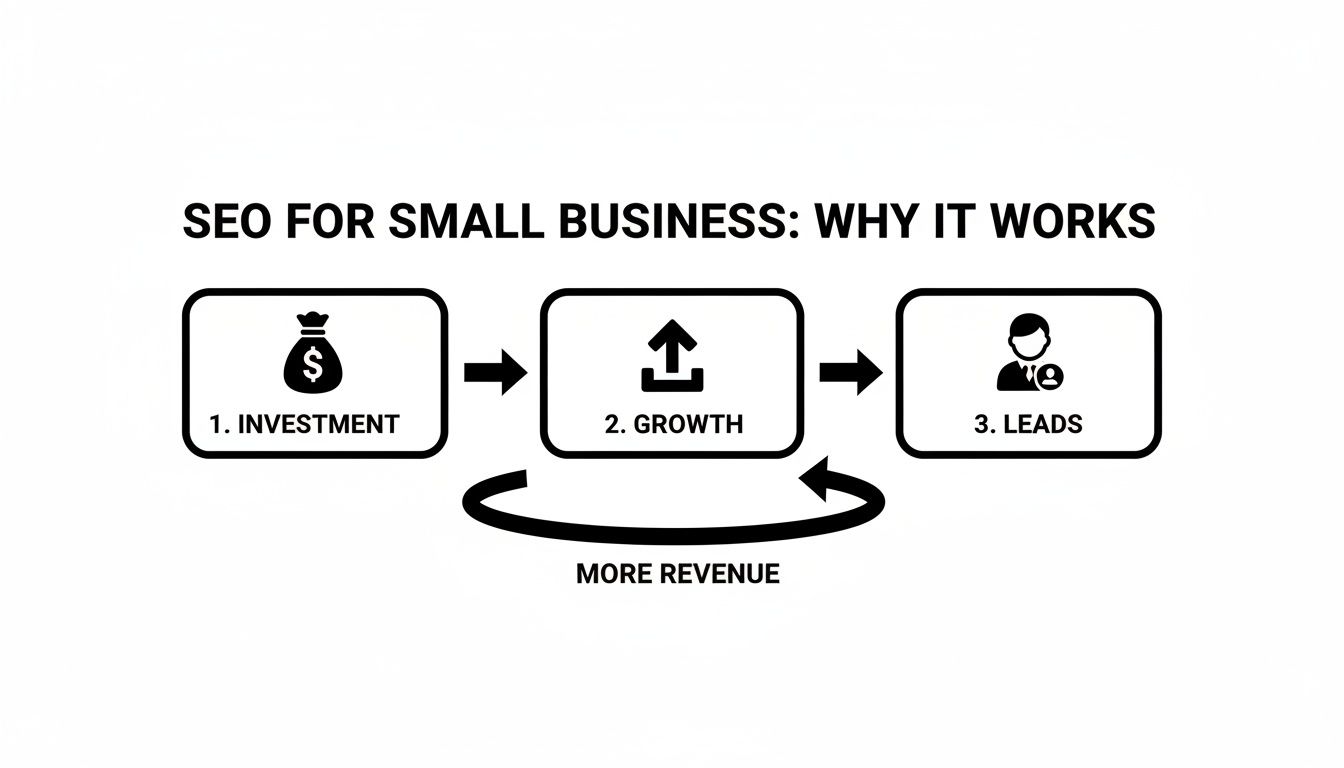 Diagram illustrating the SEO cycle for small businesses: investment, growth, leads, and revenue.