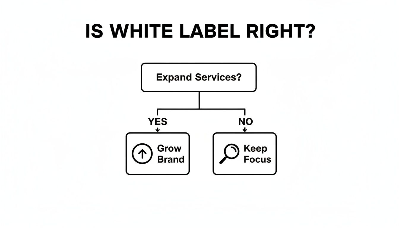 Decision flowchart titled 'Is White Label Right?' guiding on expanding services to grow brand or keep focus.