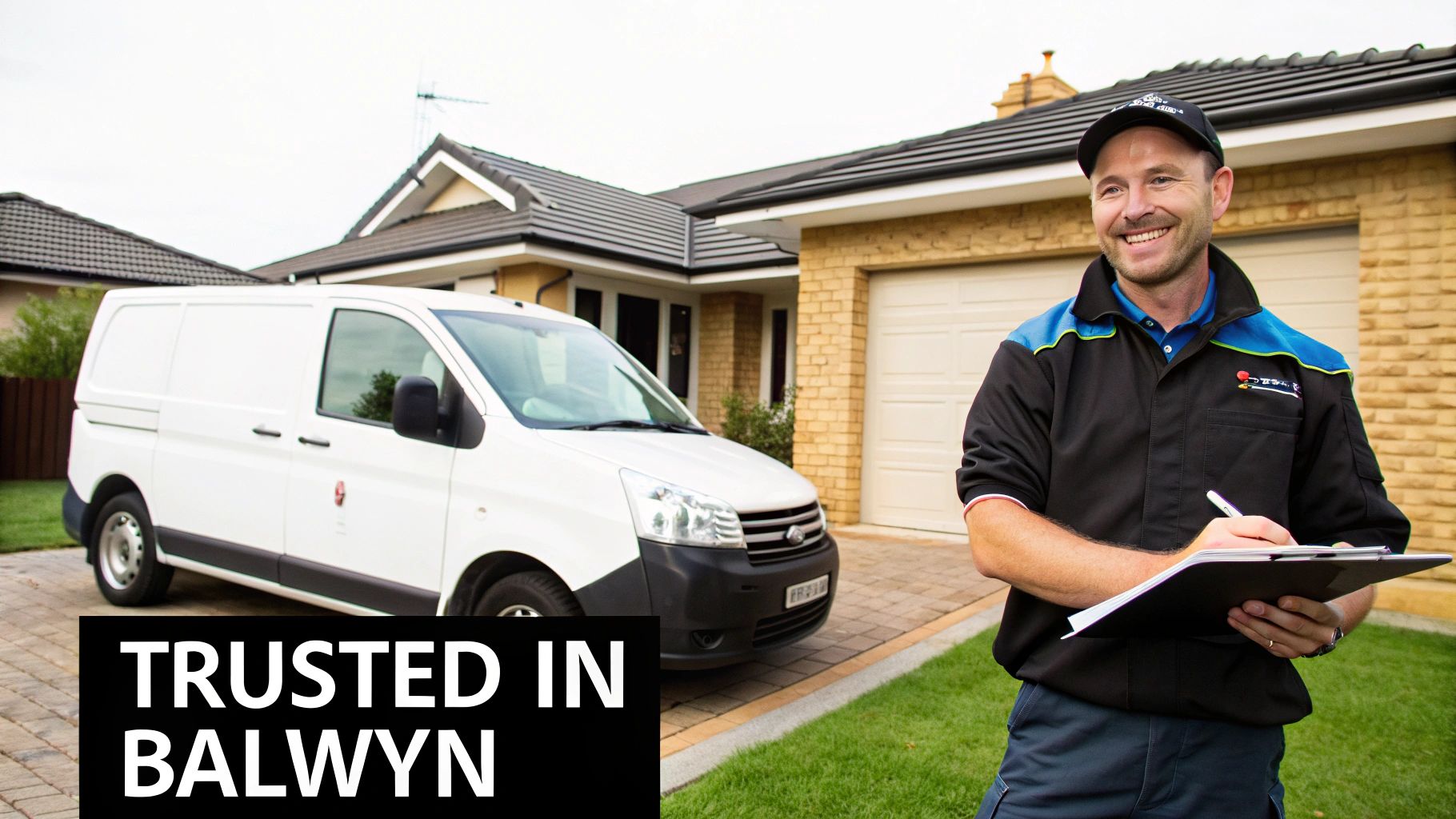 A smiling male plumber in uniform, holding a clipboard, standing by a white service van and a house in Balwyn.