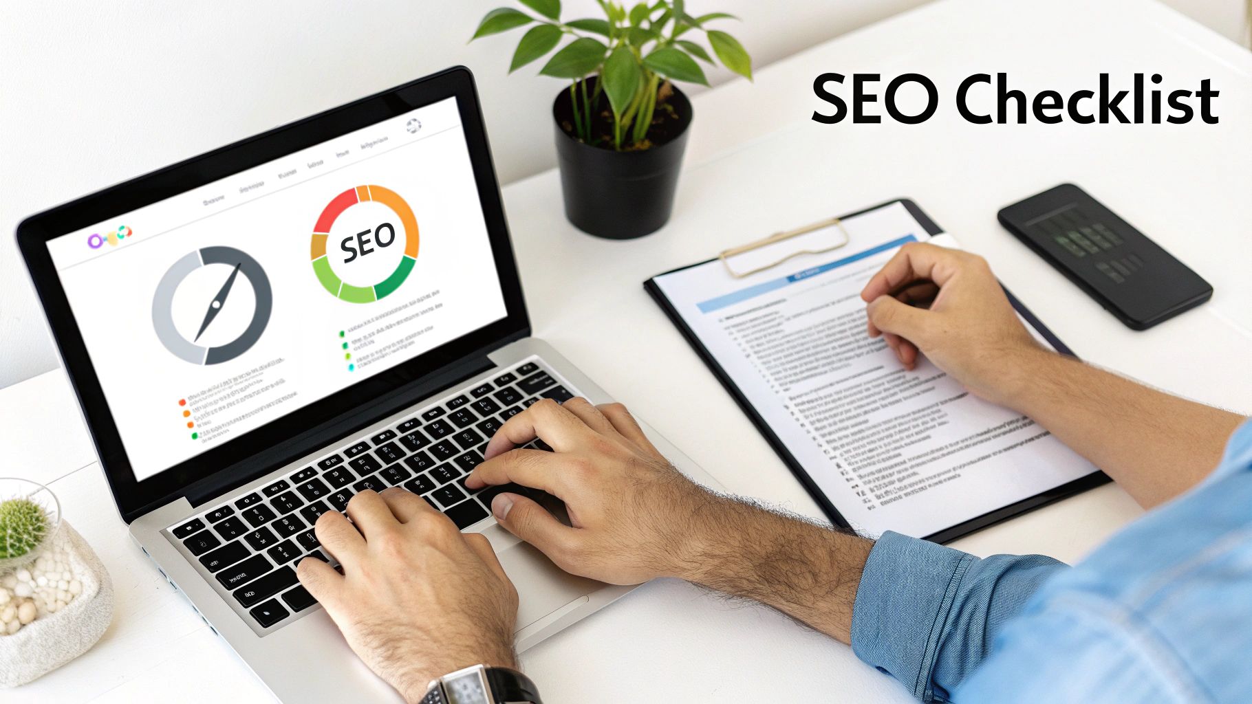 A person's hands on a laptop displaying SEO data and a compass graphic, reviewing an SEO checklist.