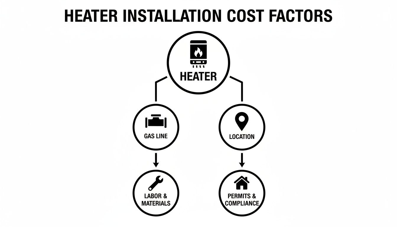 Flowchart detailing gas heater installation cost factors, including gas line, location, labor, materials, permits, and compliance.