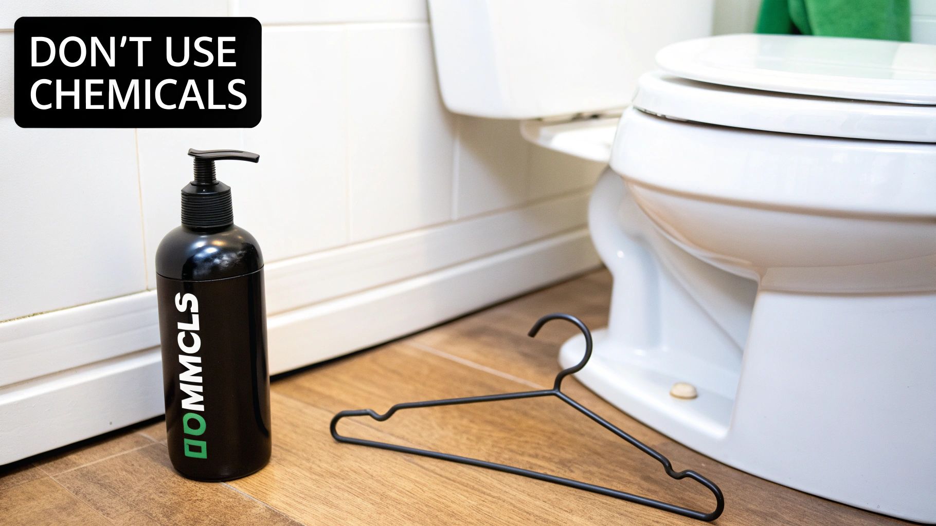 A bathroom scene with a black dispenser bottle, a wire hanger, and a white toilet, with a 'DON'T USE CHEMICALS' sign.