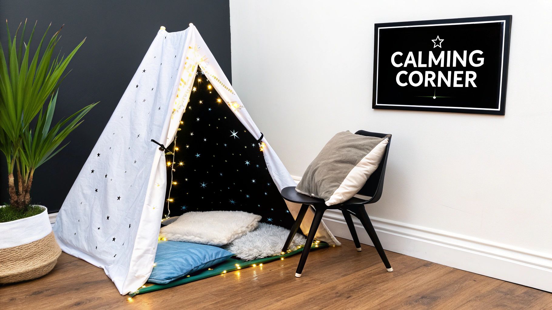 A cozy calming corner featuring a star-patterned teepee with string lights, pillows, a plant, and a chair.