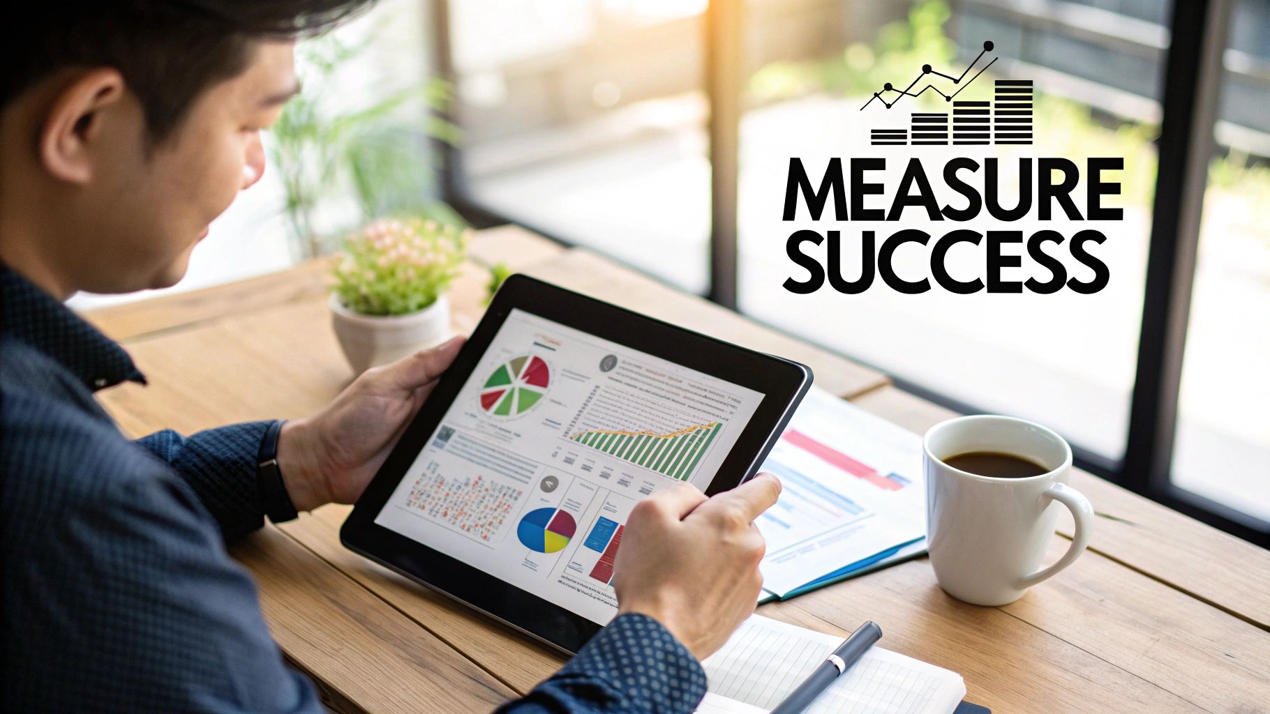 Man analyzing business data and success metrics on a tablet with charts, coffee, and notebook.