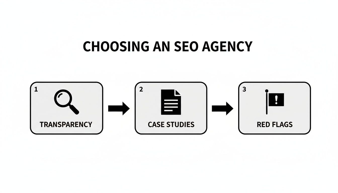 Flowchart illustrating three key steps for choosing an SEO agency: transparency, case studies, and red flags.