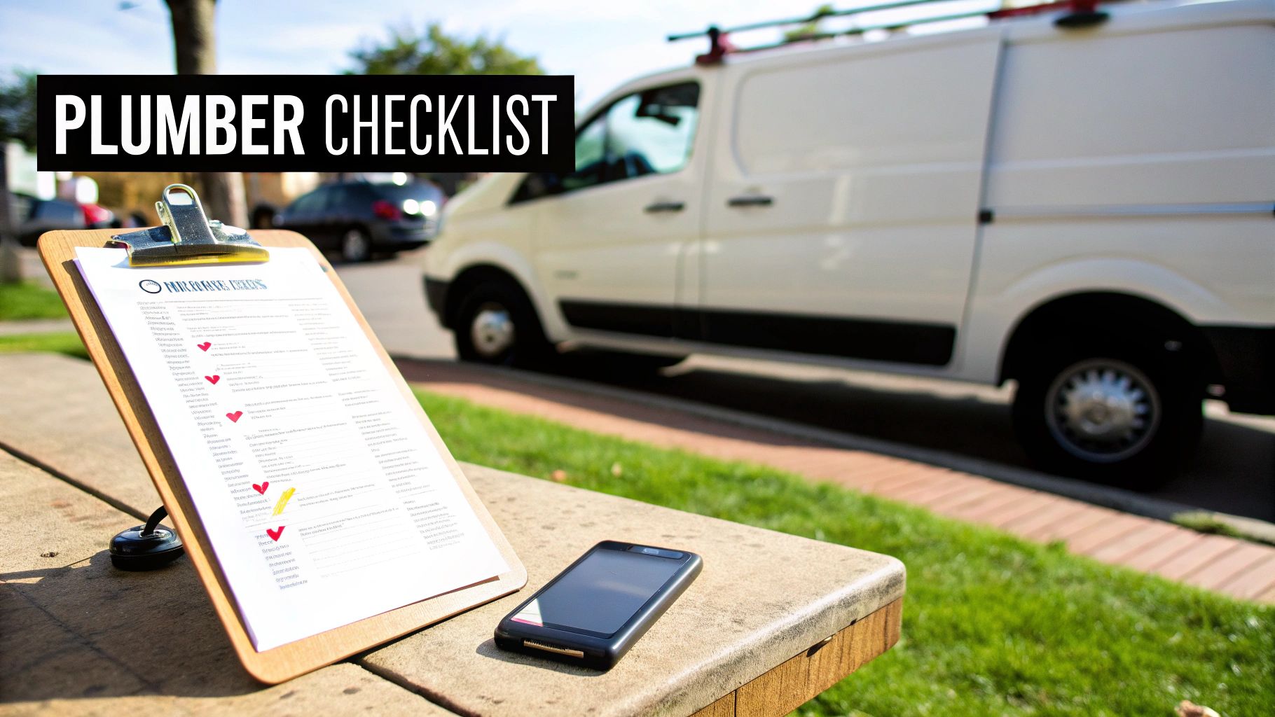 A plumber's checklist on a clipboard and smartphone on a table with a service van in the background.