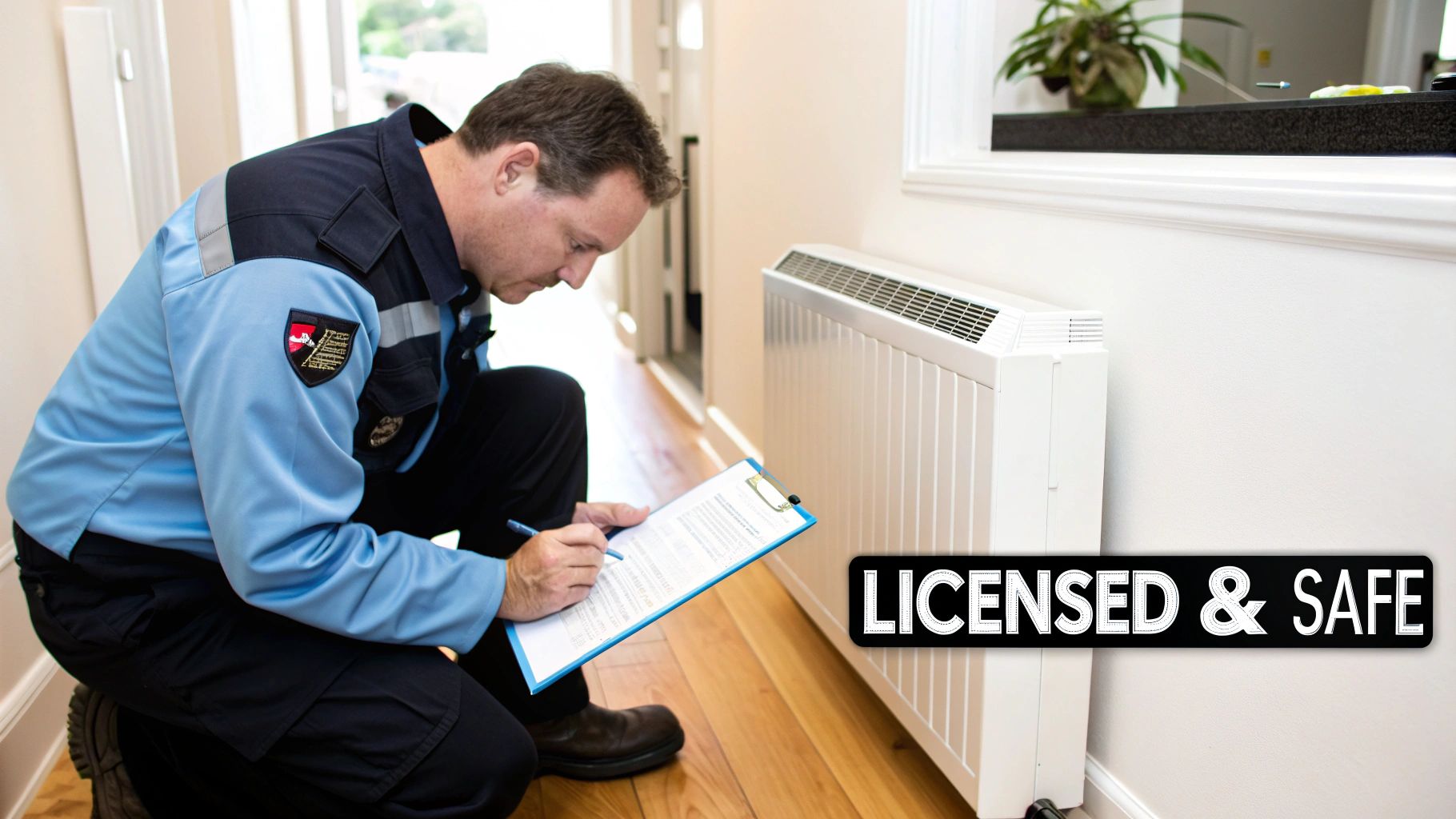 A uniformed technician inspects a white heater with a clipboard, emphasizing licensed and safe service.