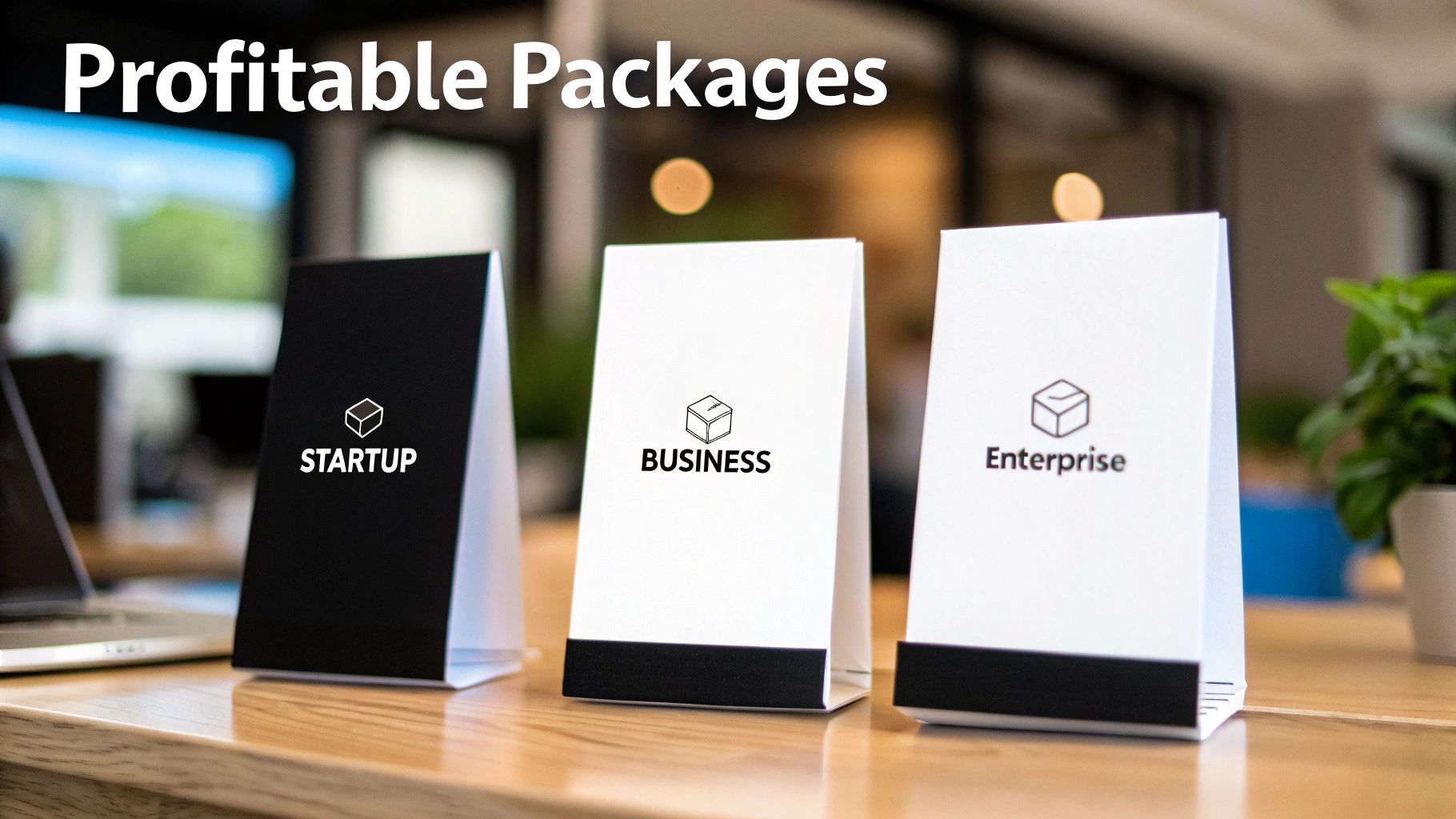 Three tabletop displays showcase different business packages: Startup, Business, and Enterprise on a desk.