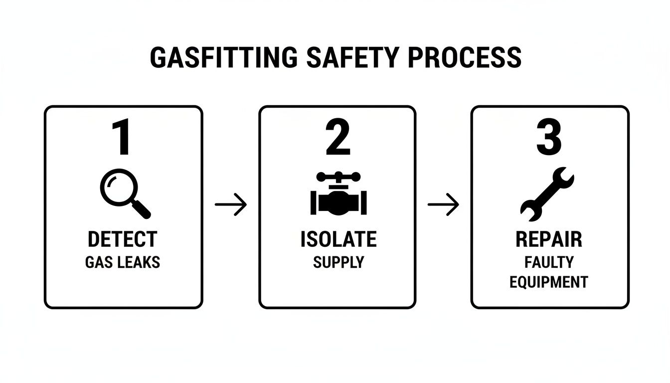 A diagram outlining the gasfitting safety process, including steps to detect leaks, isolate supply, and repair faulty equipment.