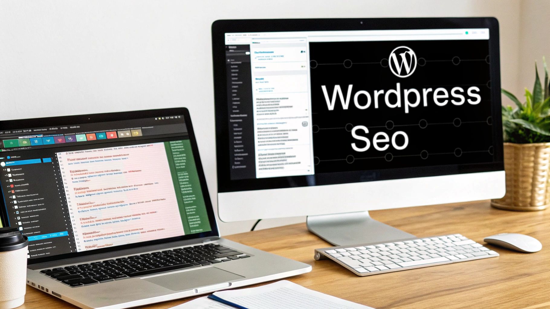 A modern workspace with a laptop showing code and a monitor displaying 'WordPress SEO'.