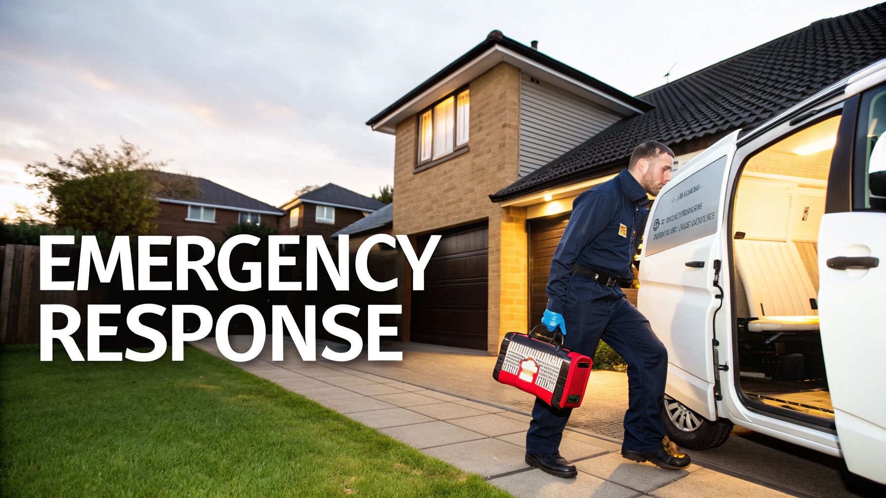 Emergency responder in a blue uniform stepping out of a white van, holding a red toolbox.