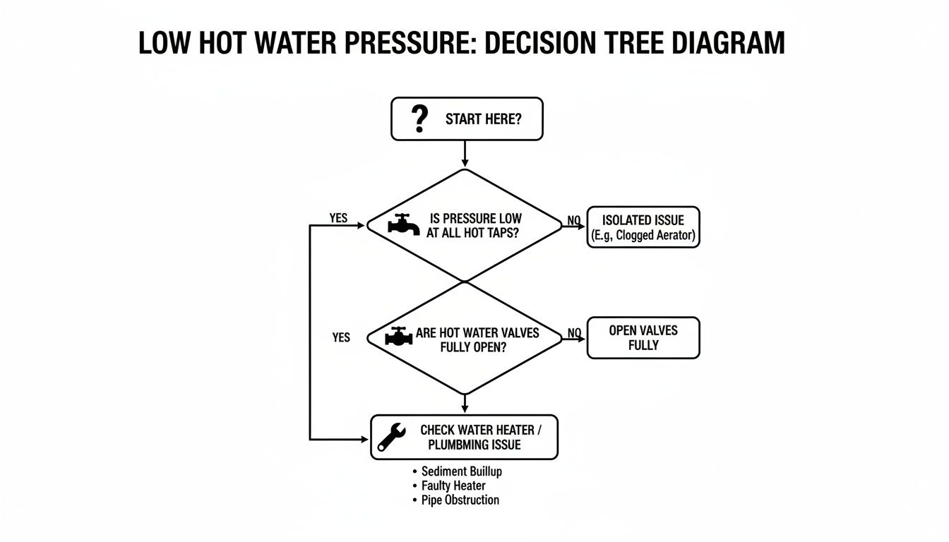 A decision tree diagram guides users on troubleshooting low hot water pressure problems in a home.