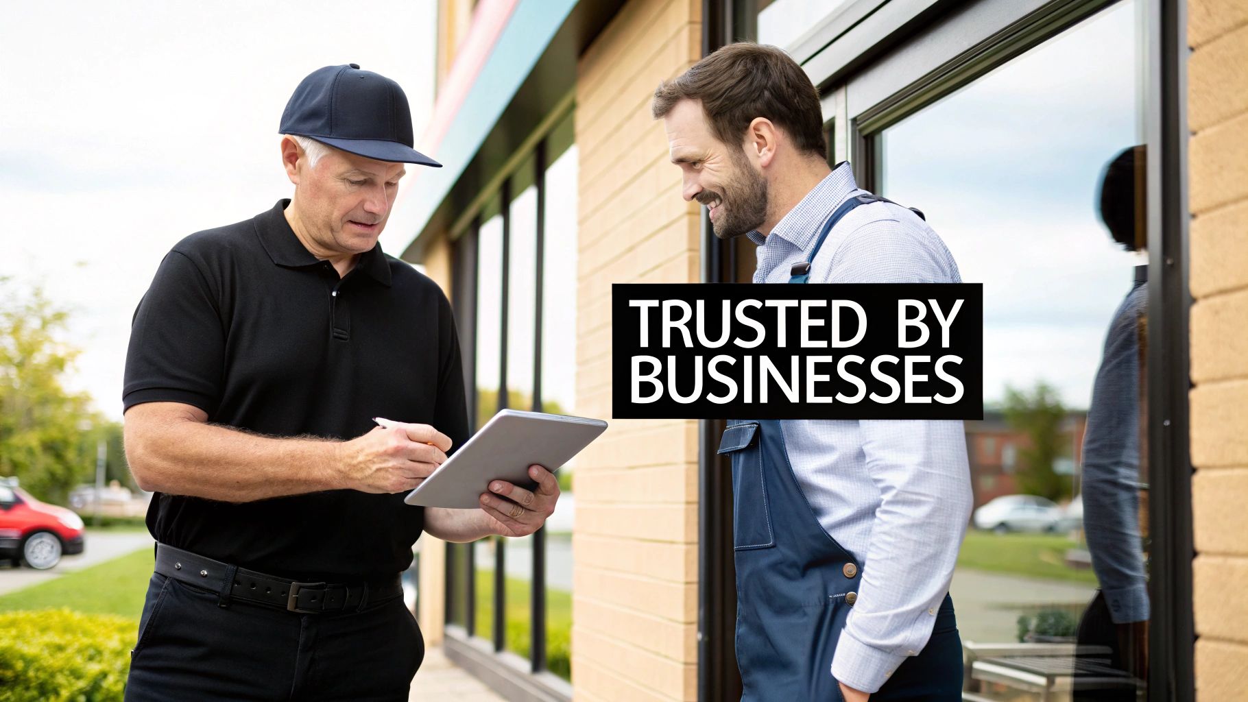 A delivery person gets a signature on a tablet from a smiling business owner outside a building.
