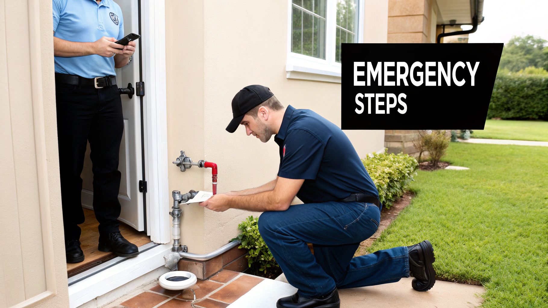 Plumbers performing emergency steps, one inspects outdoor pipes, the other uses a smartphone at a residential home.