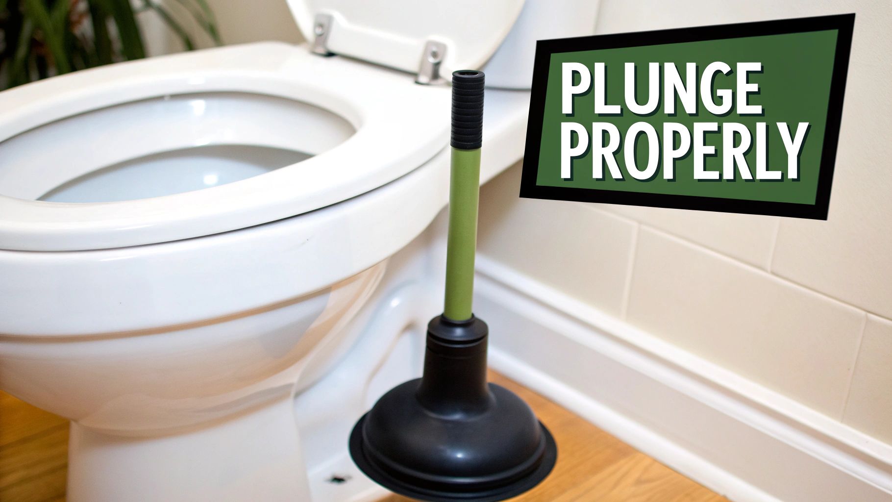 A white toilet with the lid open and a plunger next to it, with a sign reading 'PLUNGE PROPERLY'.