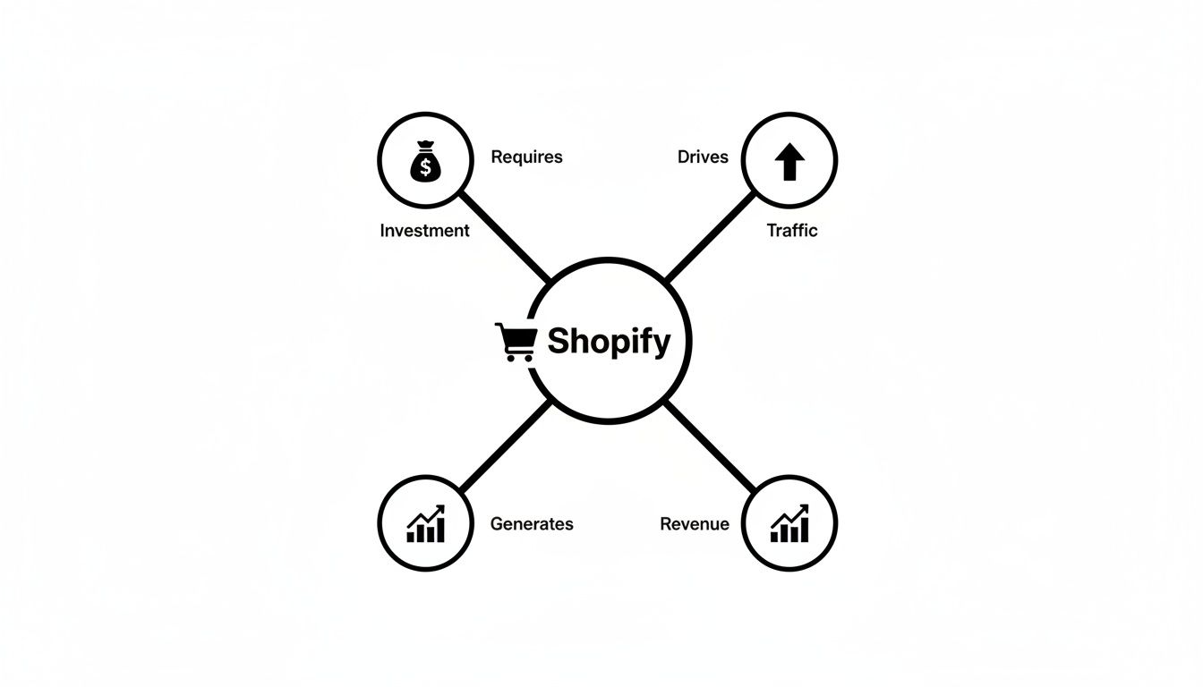 A diagram showing Shopify at the center, requiring investment, driving traffic, and generating revenue.