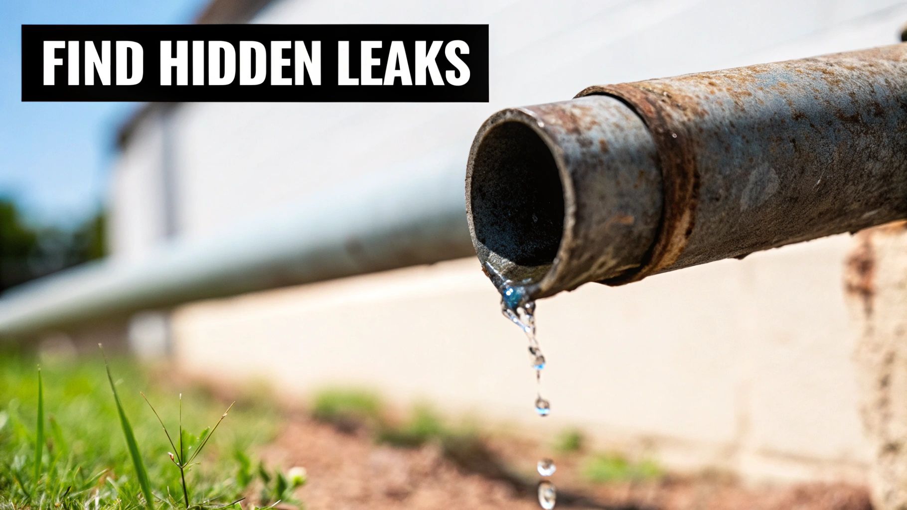 A rusty metal pipe with water dripping from it, illustrating a hidden leak outside a building.