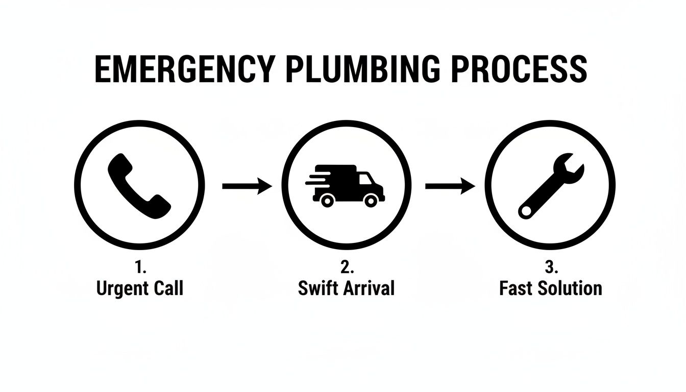 A clear diagram illustrating the three steps of an emergency plumbing process.