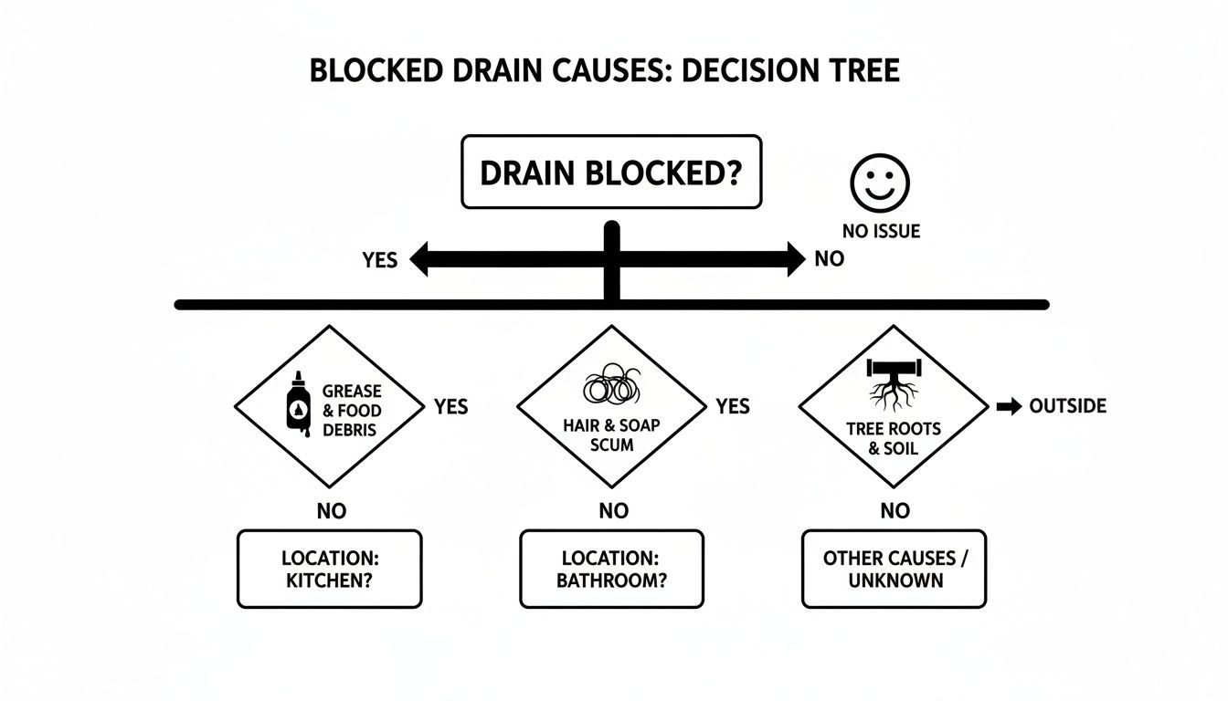 Decision tree illustrating common causes of blocked drains, including grease, hair, tree roots, and unknown issues.