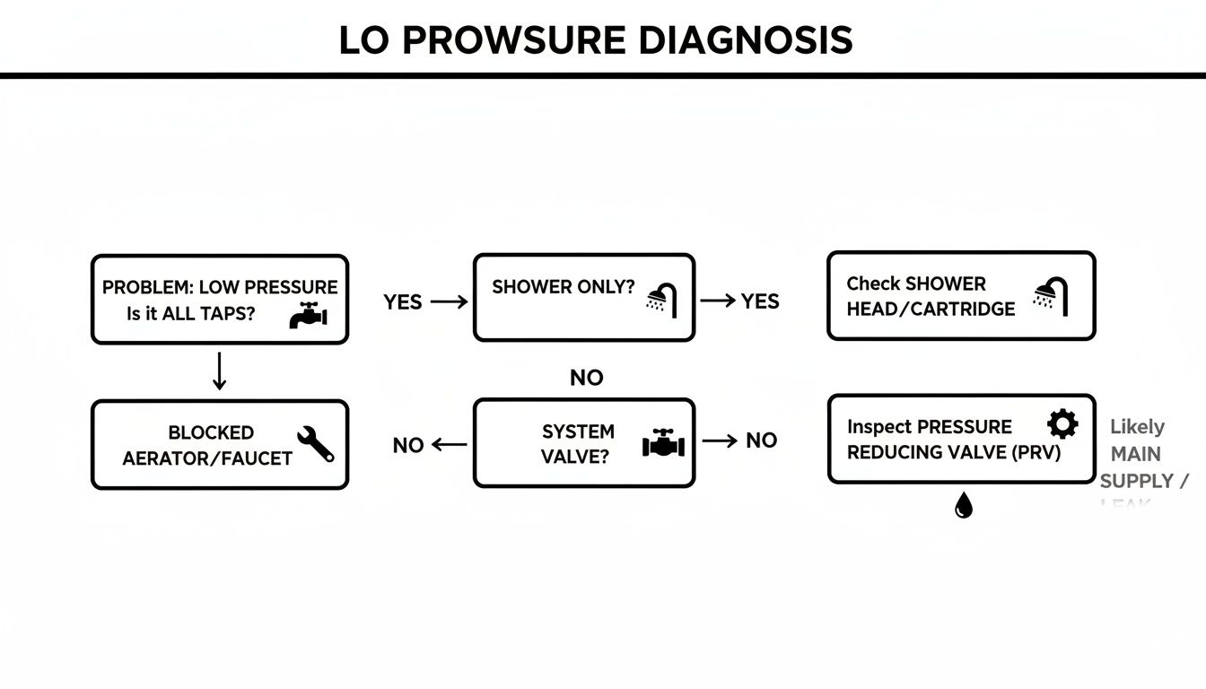 A flowchart titled 'LO PROWSURE DIAGNOSIS' for troubleshooting low water pressure problems.