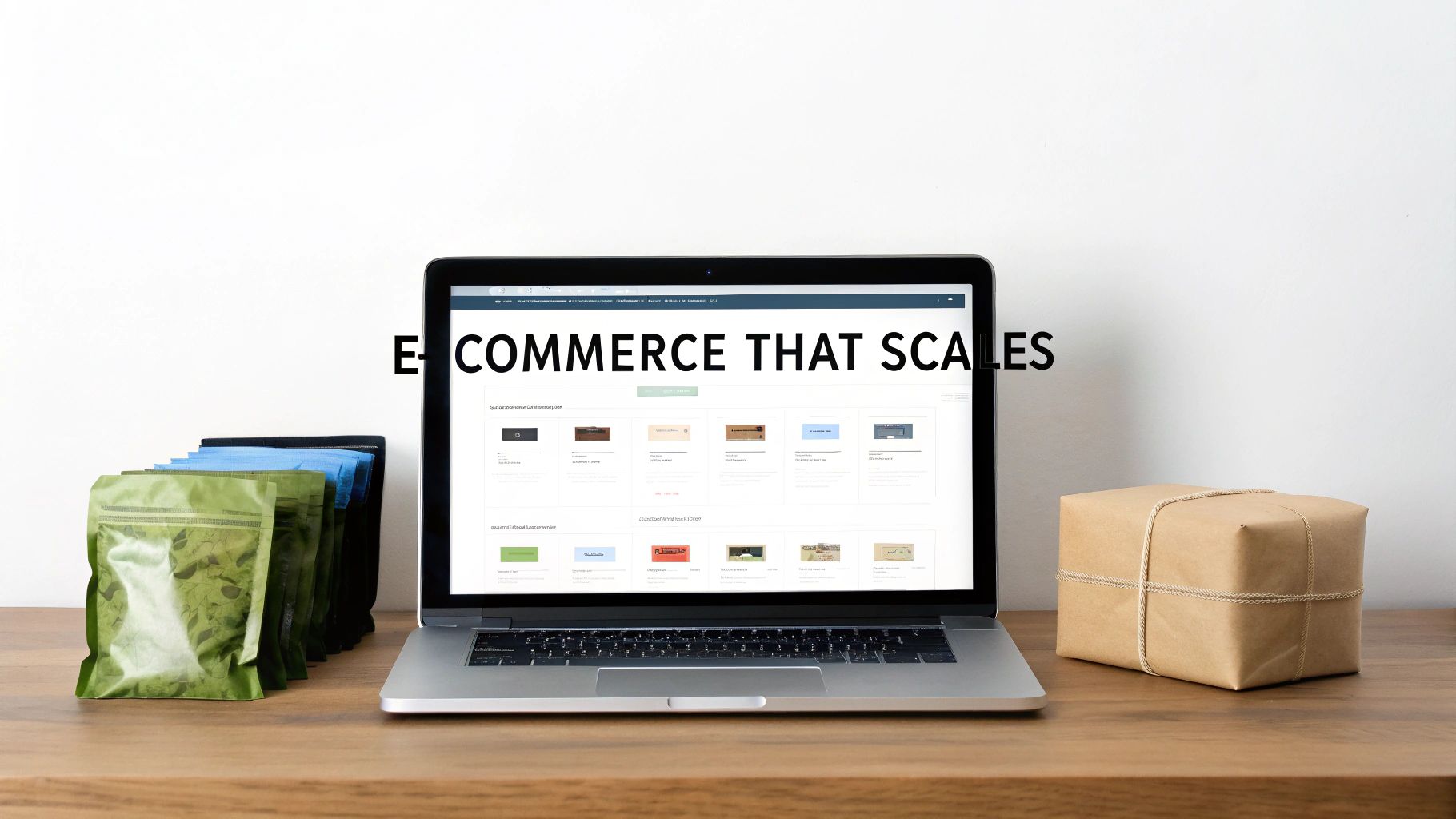 A laptop displays an e-commerce website with product listings, next to colorful pouches and a shipping box.