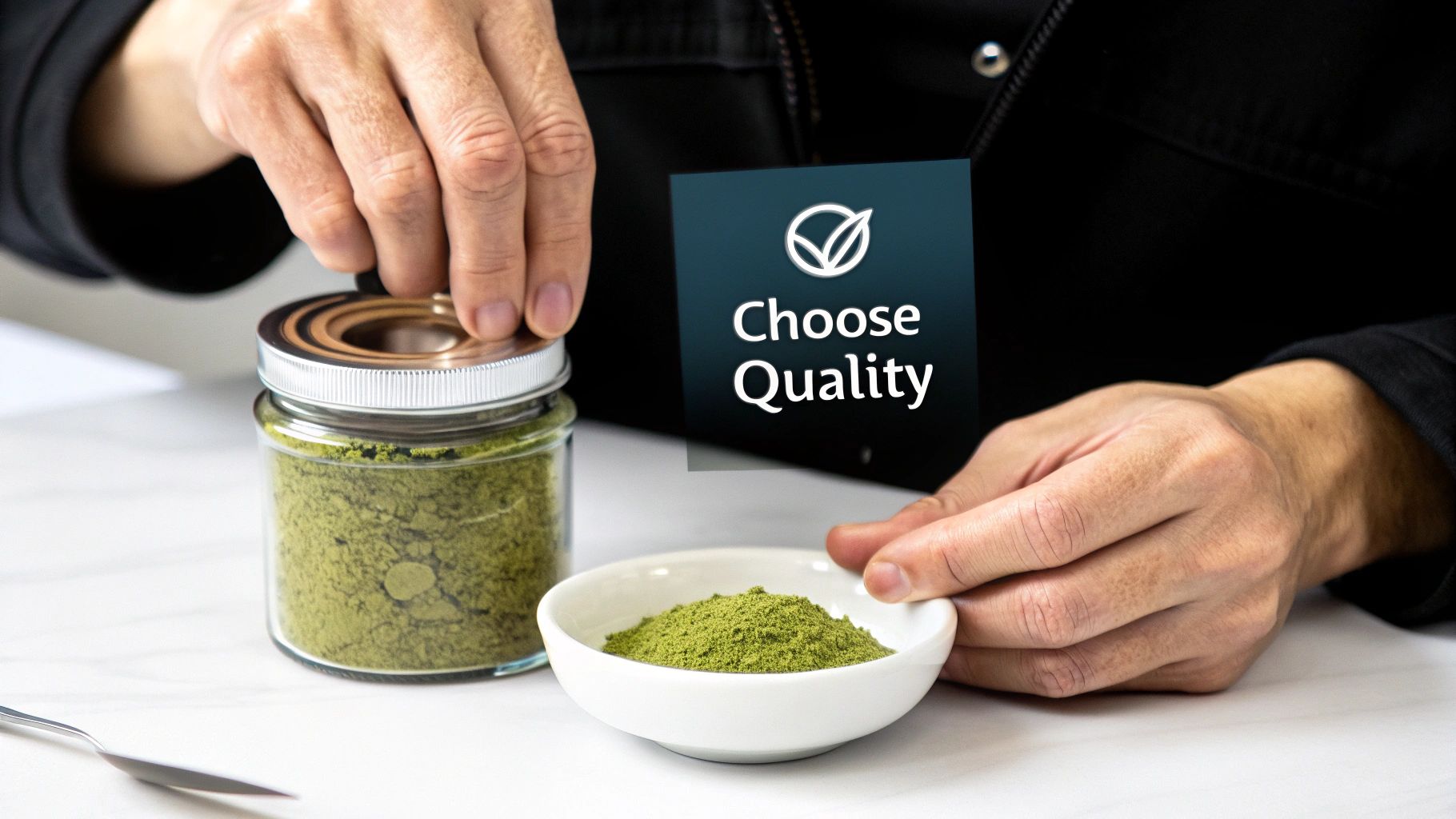 Hands preparing green moringa powder from a jar into a bowl, emphasizing quality with a graphic overlay.