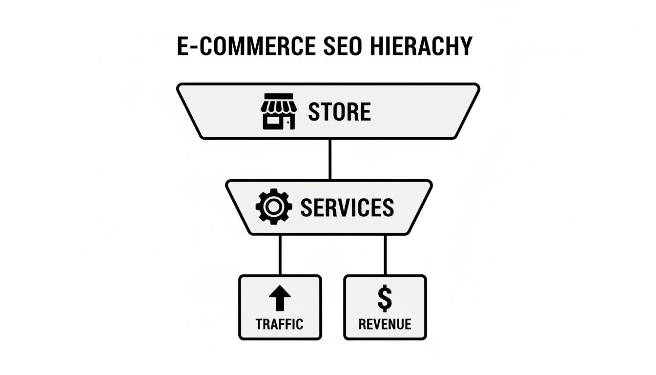 An e-commerce SEO hierarchy diagram showing a store leading to services, generating traffic and revenue.