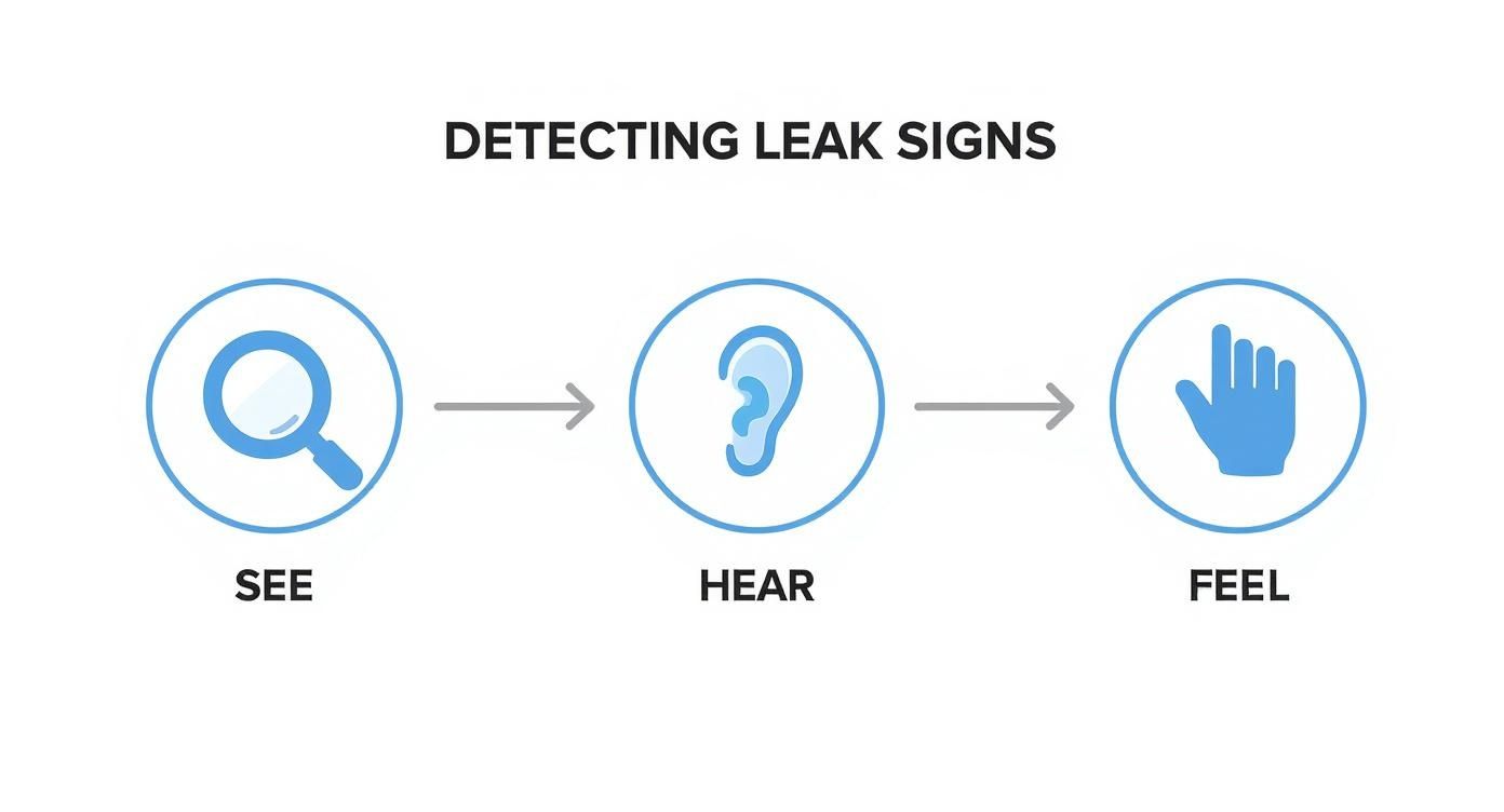 Infographic demonstrating how to detect leak signs using sight, hearing, and touch.
