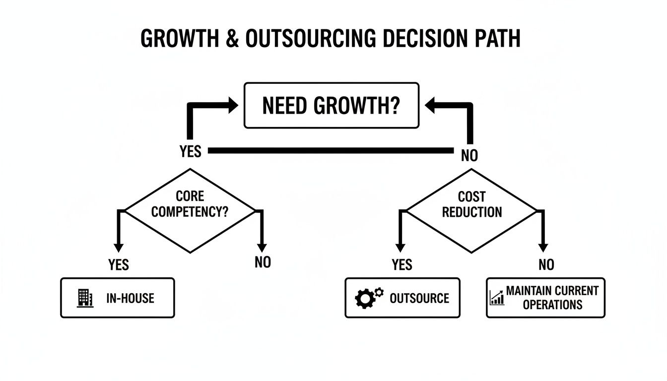 A detailed flowchart illustrating the growth and outsourcing decision path for businesses.