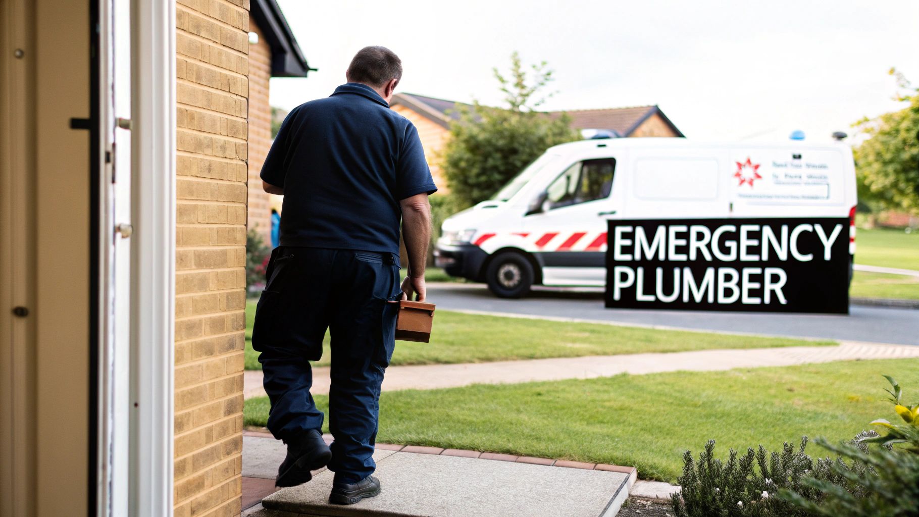 A plumber carrying a toolbox walks towards a house, with an emergency van nearby.