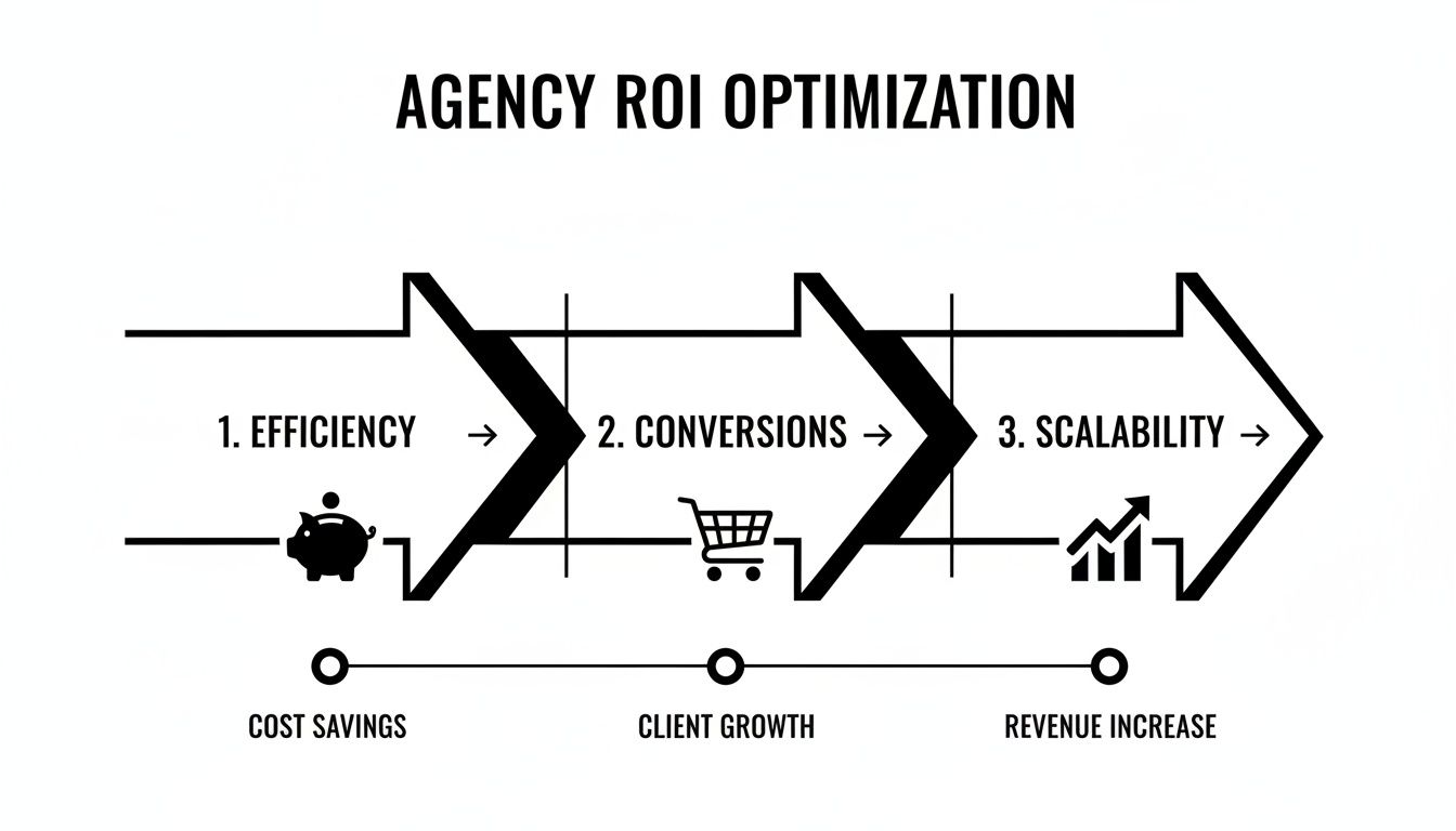Flowchart detailing agency ROI optimization steps: efficiency, conversions, scalability, leading to cost savings, client growth, and revenue increase.