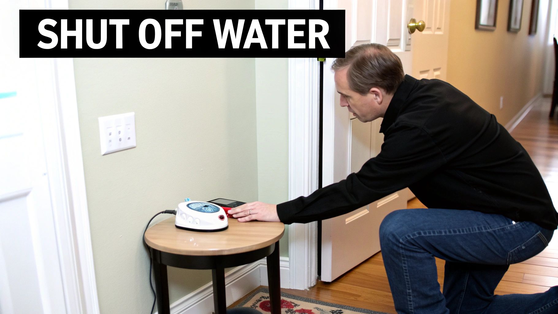 A man kneels to set up or check a smart home water leak detection device on a small table.