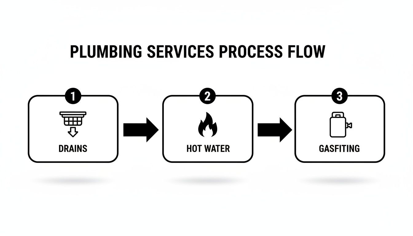A clear process flow diagram outlining three essential plumbing services: Drains, Hot Water, and Gasfitting.