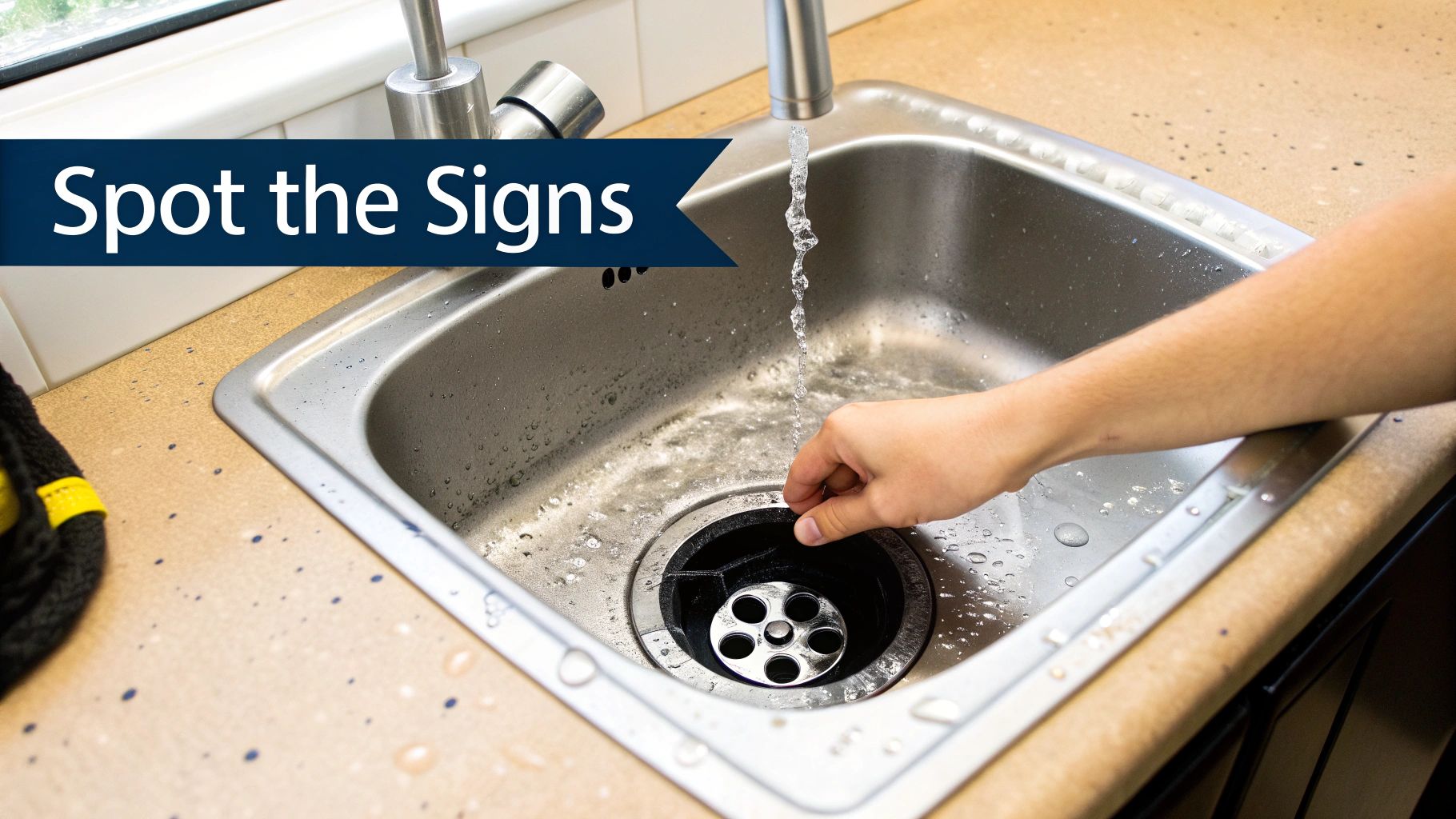 A person's hand reaches into a kitchen sink under running water near the drain.