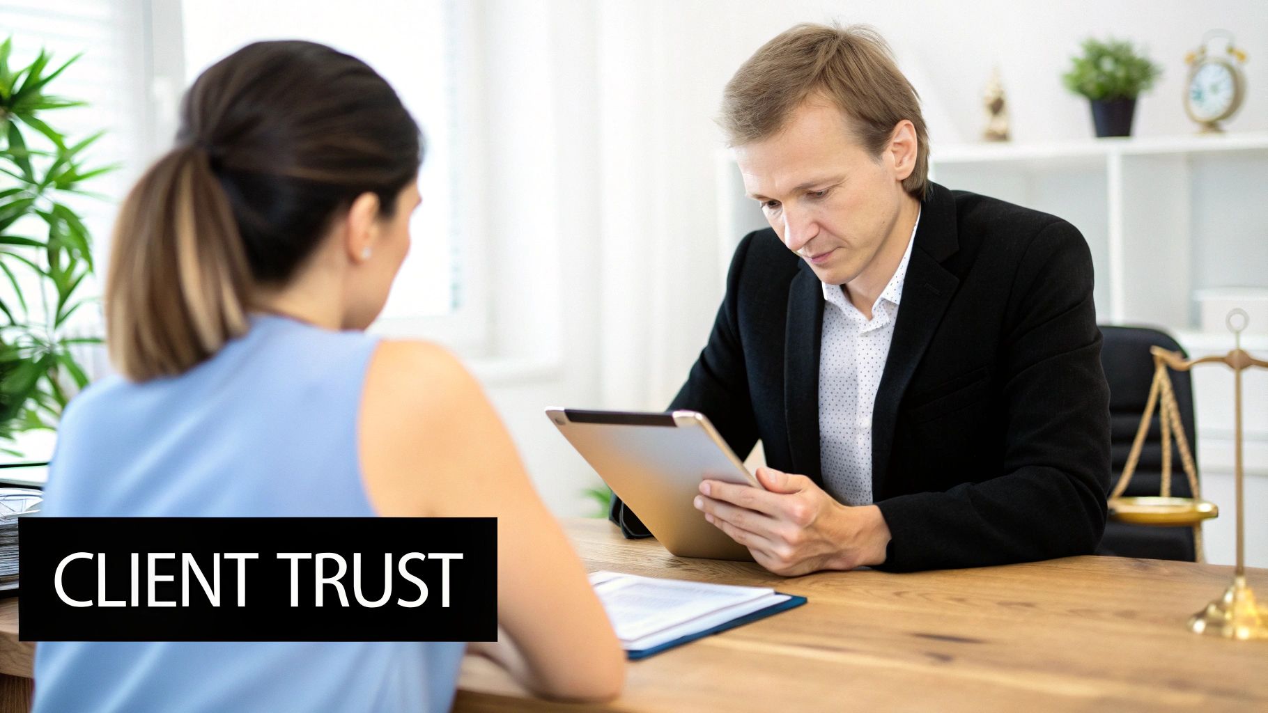 A male lawyer consults with a female client, viewing a tablet, emphasizing client trust.