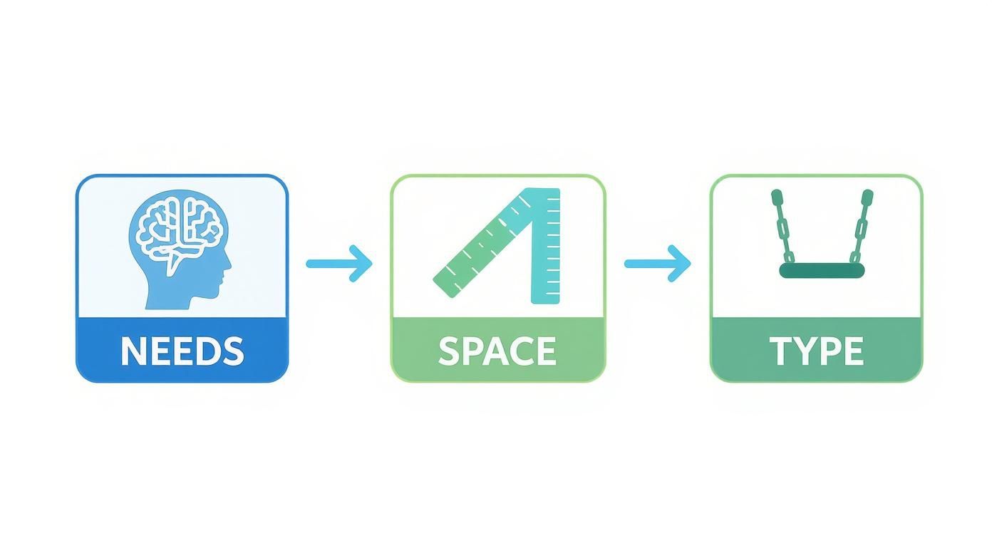 A diagram showing a three-step process: 'NEEDS' represented by a brain, 'SPACE' by a ruler, and 'TYPE' by a swing.