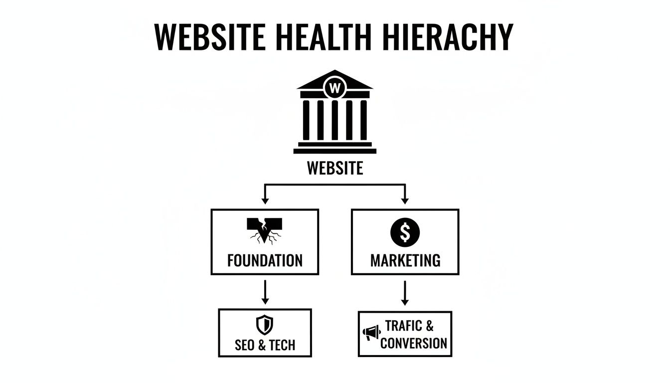 Diagram illustrating the website health hierarchy, showing website, foundation, marketing, SEO & tech, traffic & conversion.