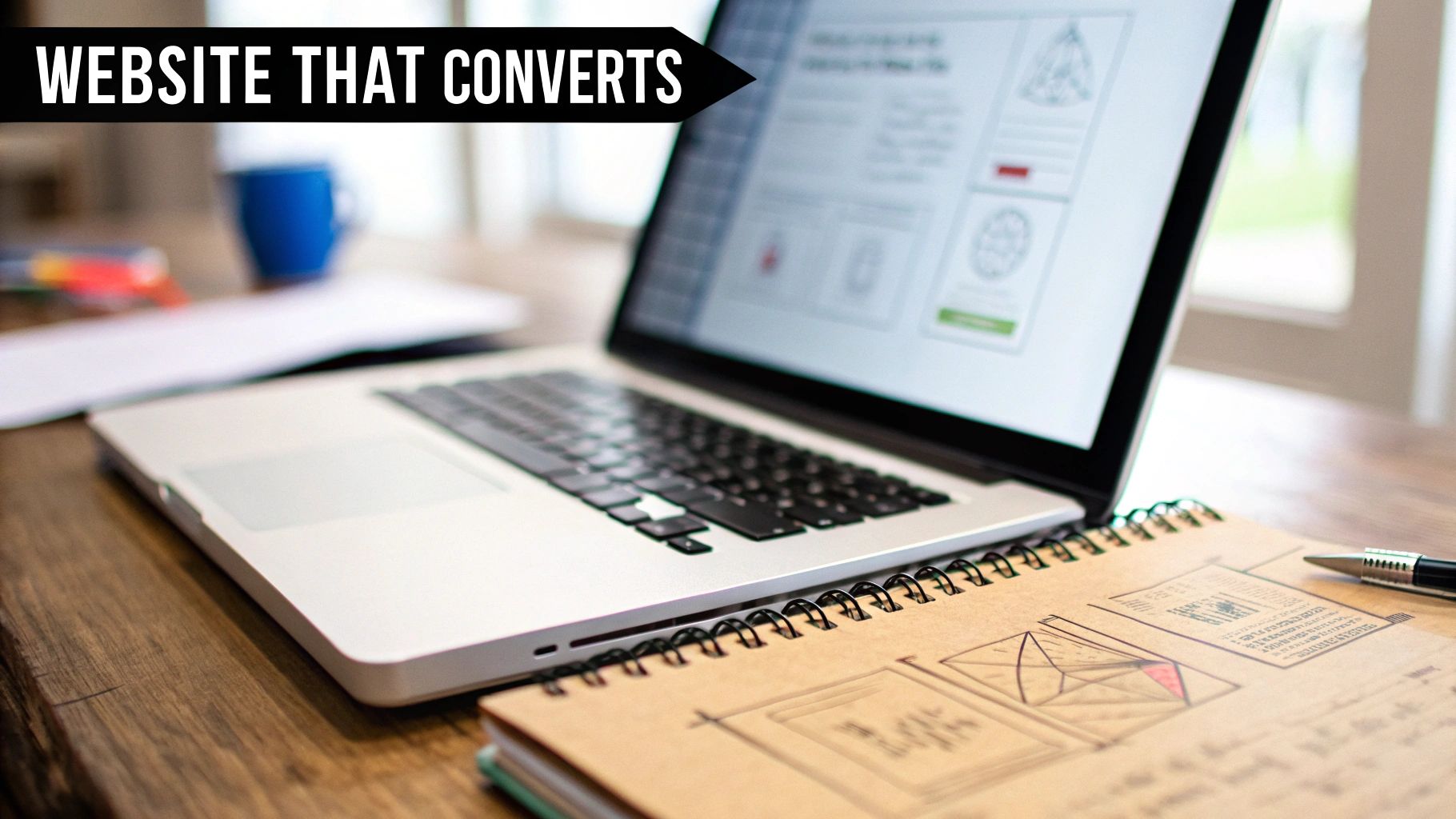 A laptop showing a website design on a wooden desk with a spiral notebook, pen, and a banner saying 'WEBSITE THAT CONVERTS'.