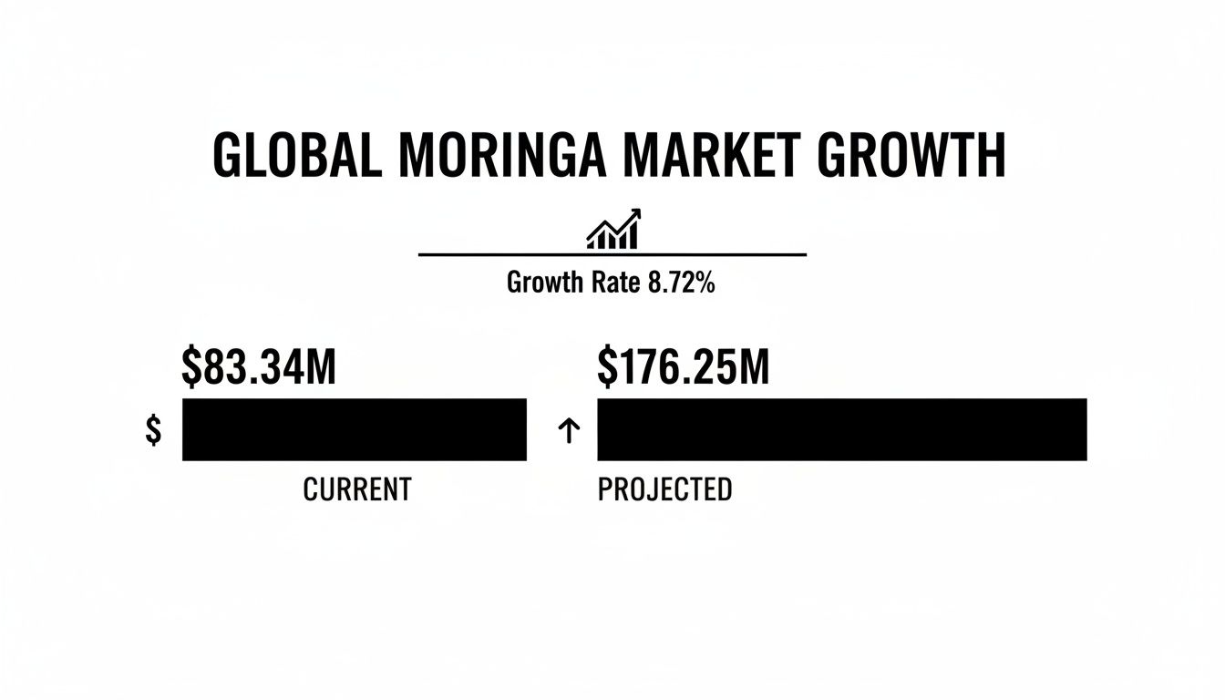A black and white infographic showing global moringa market growth from $83.34M current to $176.25M projected with an 8.72% growth rate.