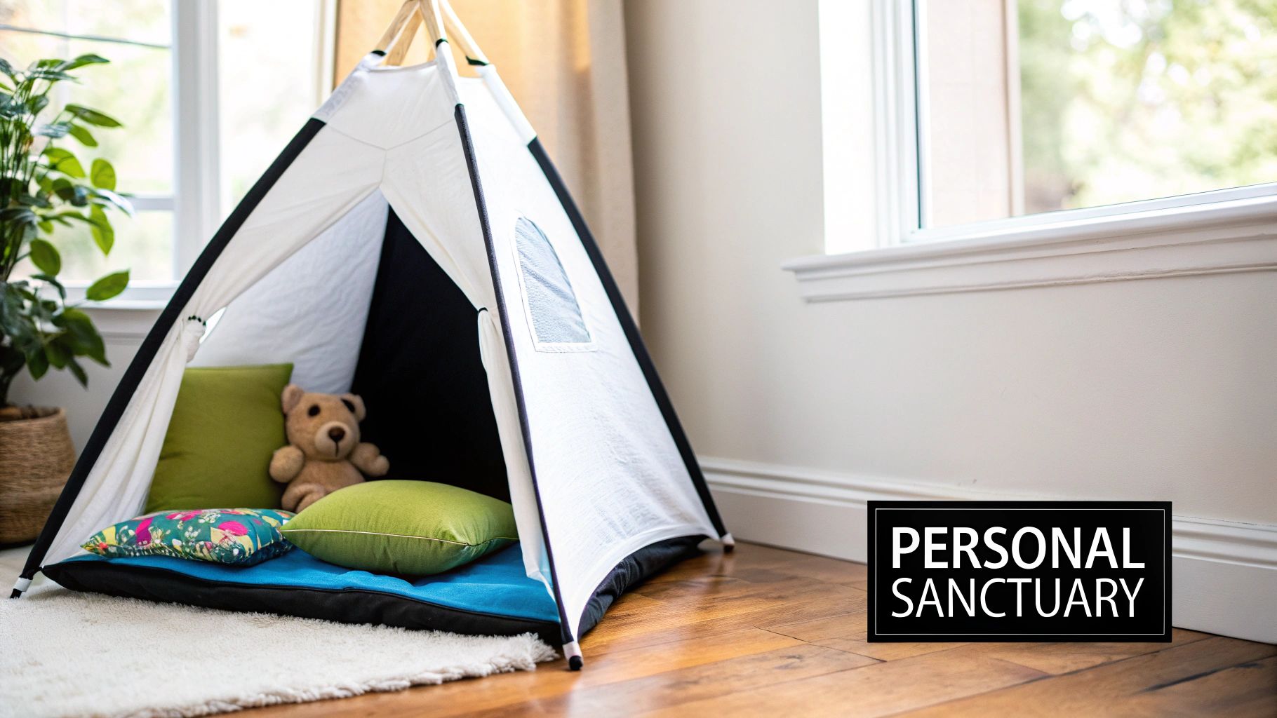 A cozy personal sanctuary featuring a white play tent, teddy bear, and colorful pillows on a rug.