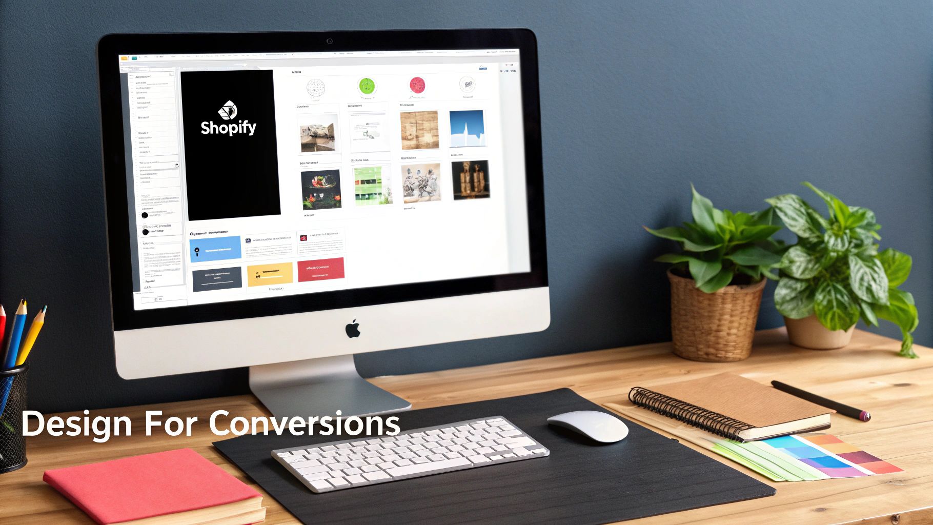 A clean modern workspace with an Apple iMac displaying Shopify, keyboard, mouse, notebook, and plants.