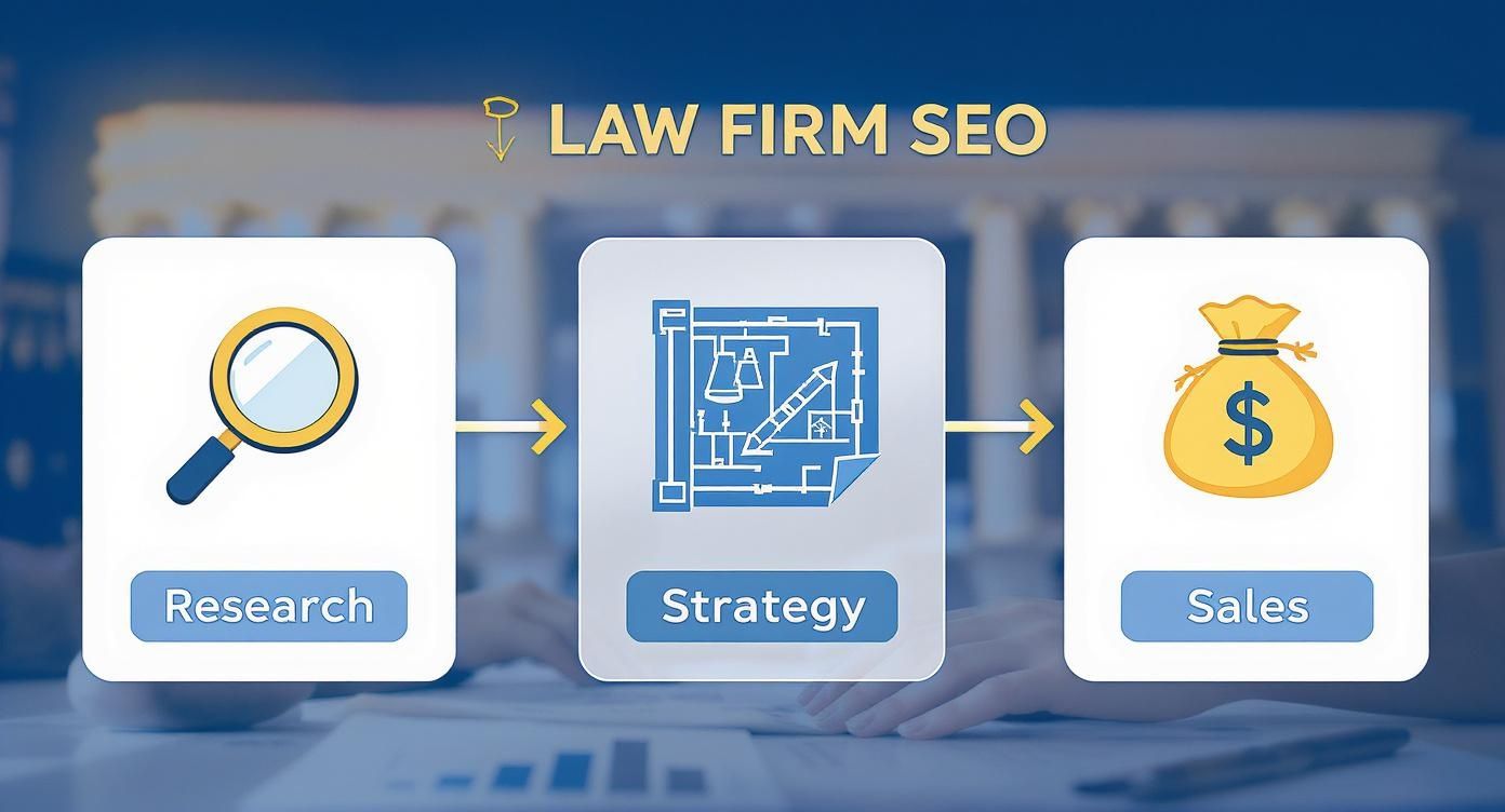 Flowchart illustrating the Law Firm SEO process: Research, Strategy, and Sales, with icons.